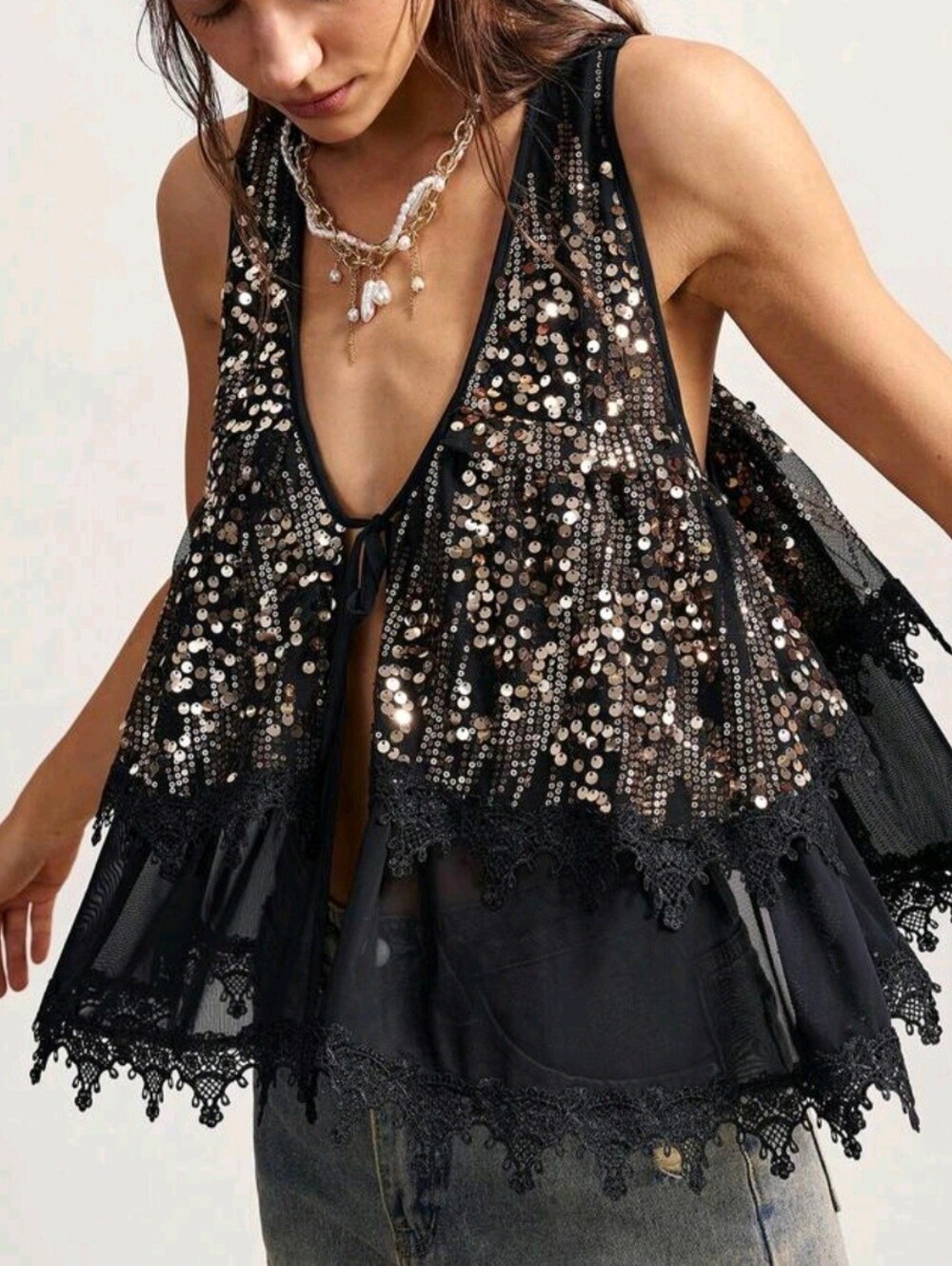 Boho Music Festival Vacation Casual Solid Color Woven Patchwork Sequin Loose